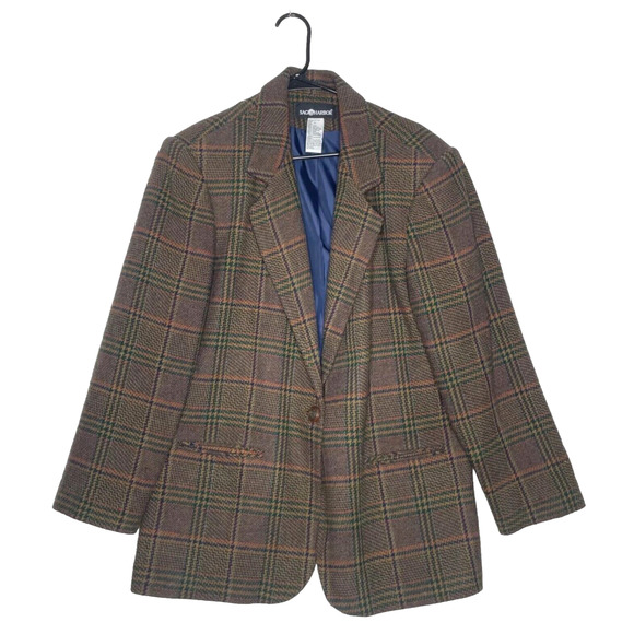 Vtg Wool Blend Plaid Blazer Jacket Sz 12 Academia Preppy Check Tweed 80s - Picture 1 of 9